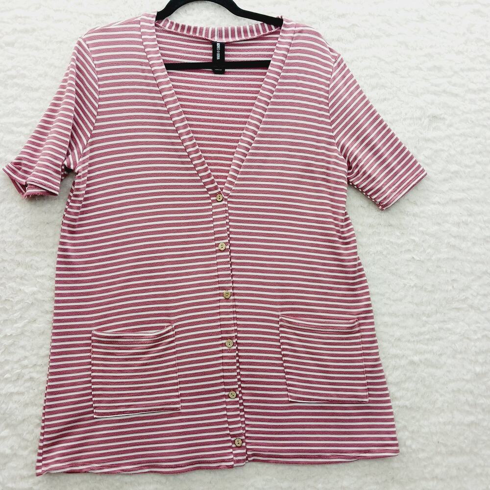 Cardigan Button Up Top Pink Striped Coastal Nautical Cruise Sailorcore Y2K Sz L